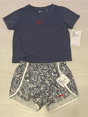 Nike Kids 2-Piece Navy Top and Printed Shorts Set with Red Swoosh